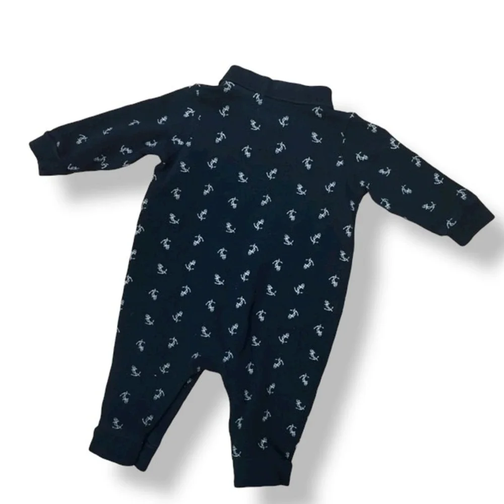 Ralph‎ Lauren Boys Romper Size 6 Months Black Pique Long Sleeve Polo Anchors Tan